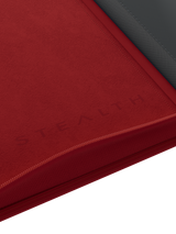 Debossed logo inside cover of Palms Off Gaming Stealth red 9 pocket binder designed for stealthy-look card storage.
