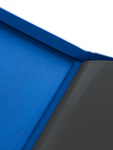 Blue velvet inside cover of Palms Off Gaming 9 pocket binder for premium storage of trading cards.
