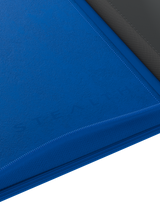 Debossed logo inside cover of Palms Off Gaming Stealth blue 9 pocket binder designed for stealthy-look card storage.