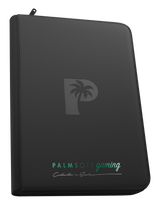 Palms Off Gaming black 9 pocket top loader zip binder with PU leather cover, holds 216 standard 35pt top loaders for Pokémon, MTG, Yu-Gi-Oh! and more.