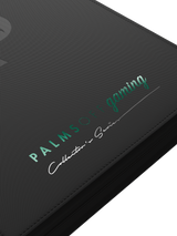 Debossed foil Palms Off Gaming logo on black 9 pocket top loader binder designed for secure 35pt top loader card storage.
