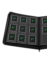 Open spread of Palms Off Gaming 9 pocket top loader binder with 3x3 layout for 35pt top loaders containing Pokémon, One Piece, MTG and more. Open spread of Palms Off Gaming 9 pocket top loader binder with 3x3 layout for 35pt top loaders containing Pokémon, One Piece, MTG and more.