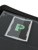 Side-loading pockets in Palms Off Gaming black 12 pocket binder, built to securely hold trading cards from Pokémon, MTG, Yu-Gi-Oh! cards and more.