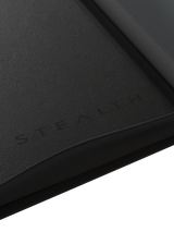 Debossed logo inside cover of Palms Off Gaming Stealth black 12 pocket binder designed for stealthy-look card storage.