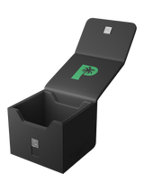 Palms Off Gaming black Genesis Deck Box, impact-proof storage for 100 double-sleeved or 120 single-sleeved TCG cards. Palms Off Gaming black Genesis Deck Box, impact-proof storage for 100 double-sleeved or 120 single-sleeved TCG cards.