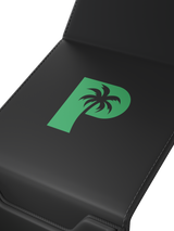 Foil logo accents on the interior and exterior of the Palms Off Gaming black Genesis Deck Box.