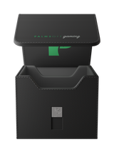 Palms Off Gaming black Genesis Deck Box holds 100 double-sleeved or 120 single-sleeved Pokémon, MTG, One Piece cards and more.