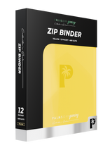 Retail packaging of Palms Off Gaming yellow 12 pocket zip binder, ideal for collectors storing trading cards from Pokémon, MTG, Yu-Gi-Oh! and more.