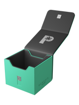 Palms Off Gaming turquoise Genesis Deck Box, impact-proof storage for 100 double-sleeved or 120 single-sleeved TCG cards.