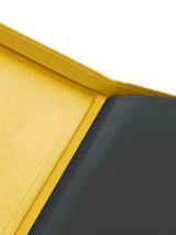 Yellow velvet inside cover of Palms Off Gaming 12 pocket binder for premium storage of trading cards.