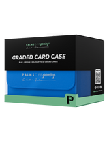 Retail packaging of Palms Off Gaming Collector's Series medium blue graded card case for PSA and BGS collectors.