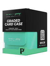 Retail packaging of Palms Off Gaming Collector's Series small turquoise graded card case for PSA and BGS collectors.