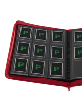 Open spread of Palms Off Gaming 9 pocket top loader binder with 3x3 layout for 35pt top loaders containing Pokémon, One Piece, MTG and more. Open spread of Palms Off Gaming 9 pocket top loader binder with 3x3 layout for 35pt top loaders containing Pokémon, One Piece, MTG and more.