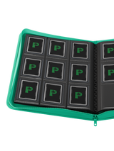 Open spread of Palms Off Gaming 9 pocket top loader binder with 3x3 layout for 35pt top loaders containing Pokémon, One Piece, MTG and more. Open spread of Palms Off Gaming 9 pocket top loader binder with 3x3 layout for 35pt top loaders containing Pokémon, One Piece, MTG and more.