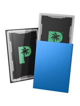 Blackout standard size deck sleeves in blue feature a textured, dual-layer fully opaque back, with a crystal-clear front.