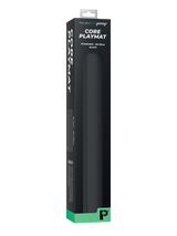 Retail packaging for Palms Off Gaming black Core playmat, made for stylish and comfortable TCG play with MTG, One Piece, Pokémon and more.