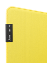 Soft yellow fabric surface, yellow colour-matched premium stitched edge, with branded tag and silk-screen logo print.