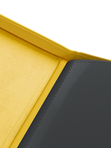 Yellow velvet inside cover of Palms Off Gaming 4 pocket top loader binder for premium storage of 35pt top loaders with TCG cards.