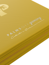 Debossed foil Palms Off Gaming logo on yellow 4 pocket top loader binder designed for secure 35pt top loader card storage.