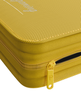 Durable yellow steel zipper on Palms Off Gaming 4 pocket top loader binder, keeping 35pt top loaders for Pokémon, MTG, One Piece and more safe.