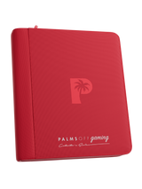 Palms Off Gaming red 4 pocket top loader zip binder with PU leather cover, holds 128 standard 35pt top loaders for Pokémon, MTG, Yu-Gi-Oh! and more.