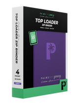 Retail packaging of Palms Off Gaming purple 4 pocket top loader zip binder, ideal for collectors storing 35pt top loaders with Pokémon, MTG, Yu-Gi-Oh! and more.