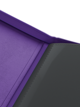 Purple velvet inside cover of Palms Off Gaming 4 pocket top loader binder for premium storage of 35pt top loaders with TCG cards.