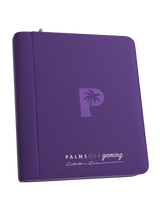Palms Off Gaming purple 4 pocket top loader zip binder with PU leather cover, holds 128 standard 35pt top loaders for Pokémon, MTG, Yu-Gi-Oh! and more.