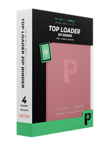 Retail packaging of Palms Off Gaming pink 4 pocket top loader zip binder, ideal for collectors storing 35pt top loaders with Pokémon, MTG, Yu-Gi-Oh! and more.