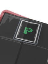 Side-loading pockets in Palms Off Gaming pink 4 pocket top loader binder, built to securely hold 35pt top loaders with Pokémon, MTG, Yu-Gi-Oh! cards and more.