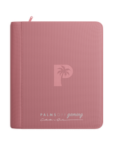 Palms Off Gaming pink 4 pocket top loader zip binder with PU leather cover, holds 128 standard 35pt top loaders for Pokémon, MTG, Yu-Gi-Oh! and more.