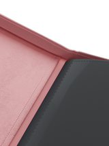 Pink velvet inside cover of Palms Off Gaming 4 pocket top loader binder for premium storage of 35pt top loaders with TCG cards.