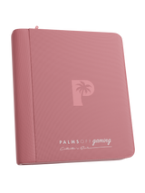 Palms Off Gaming pink 4 pocket top loader zip binder with PU leather cover, holds 128 standard 35pt top loaders for Pokémon, MTG, Yu-Gi-Oh! and more.