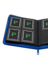 Open spread of Palms Off Gaming 4 pocket top loader binder with 2x2 layout for 35pt top loaders containing Pokémon, One Piece, MTG and more.