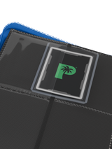 Side-loading pockets in Palms Off Gaming blue 4 pocket top loader binder, built to securely hold 35pt top loaders with Pokémon, MTG, Yu-Gi-Oh! cards and more.