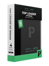 Retail packaging of Palms Off Gaming black 4 pocket top loader zip binder, ideal for collectors storing 35pt top loaders with Pokémon, MTG, Yu-Gi-Oh! and more.