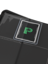 Side-loading pockets in Palms Off Gaming black 4 pocket top loader binder, built to securely hold 35pt top loaders with Pokémon, MTG, Yu-Gi-Oh! cards and more.