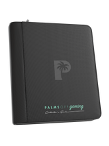 Palms Off Gaming black 9 pocket top loader zip binder with PU leather cover, holds 128 standard 35pt top loaders for Pokémon, MTG, Yu-Gi-Oh! and more.