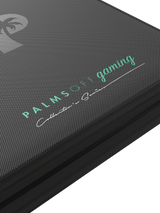 Debossed foil Palms Off Gaming logo on black 4 pocket top loader binder designed for secure 35pt top loader card storage.