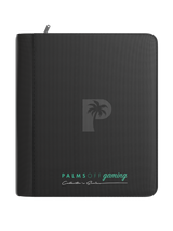 Palms Off Gaming black 4 pocket top loader zip binder with PU leather cover, holds 128 standard 35pt top loaders for Pokémon, MTG, Yu-Gi-Oh! and more.