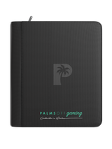Palms Off Gaming black 4 pocket top loader zip binder with PU leather cover, holds 128 standard 35pt top loaders for Pokémon, MTG, Yu-Gi-Oh! and more.