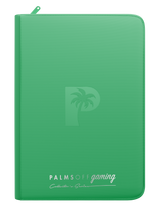 Palms Off Gaming green 9 pocket top loader zip binder with PU leather cover, holds 216 standard 35pt top loaders for Pokémon, MTG, Yu-Gi-Oh! and more.