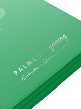 Debossed foil Palms Off Gaming logo on green 9 pocket top loader binder designed for secure 35pt top loader card storage.