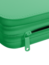 Durable green steel zipper on Palms Off Gaming 9 pocket top loader binder, keeping 35pt top loaders for Pokémon, MTG, One Piece and more safe.