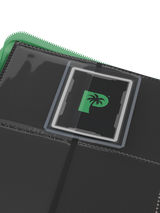 Side-loading pockets in Palms Off Gaming green 4 pocket top loader binder, built to securely hold 35pt top loaders with Pokémon, MTG, Yu-Gi-Oh! cards and more.