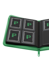 Open spread of Palms Off Gaming 4 pocket top loader binder with 2x2 layout for 35pt top loaders containing Pokémon, One Piece, MTG and more.