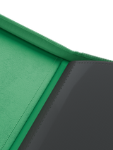 Green velvet inside cover of Palms Off Gaming 4 pocket top loader binder for premium storage of 35pt top loaders with TCG cards.