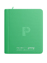 Palms Off Gaming green 4 pocket top loader zip binder with PU leather cover, holds 128 standard 35pt top loaders for Pokémon, MTG, Yu-Gi-Oh! and more.
