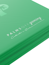 Debossed foil Palms Off Gaming logo on green 4 pocket top loader binder designed for secure 35pt top loader card storage.