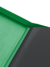 Green velvet inside cover of Palms Off Gaming 12 pocket binder for premium storage of trading cards.